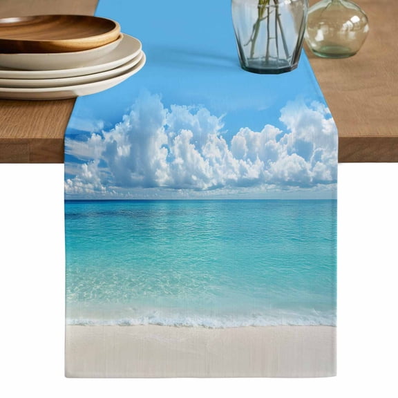 Ocean Blue Table Runner, Beach Nature Coast Sea Shore Sky Seawater Washable Cotton Linen Table Runners 36 Inches Long, Dresser Scarf Runner for Nightstand/End Tables/Round Tables 13''x36''