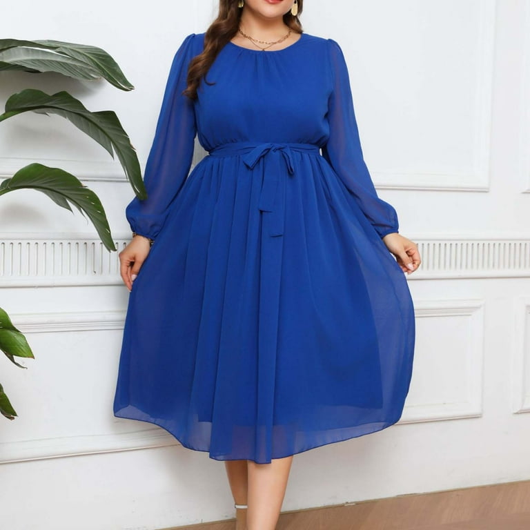 Wdfiry Women's Plus Size Midi Dress Casual Tummy Control Long Sleeve Flowy Dresses Crewneck Tie Mesh Dress, Size: 4XL, Blue