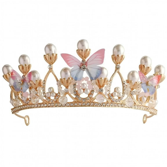 VANIDO Butterfly Tiaras Pearl Crown Hair Hoop Crystal Decorative Headpiece for Kids Crowns for Kids