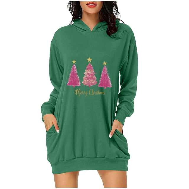 Pisexur Robes pour Femmes Imprimé Arbre de Noël Sweat à Capuche Robe de Soirée Décontractée Manches Longues Mini Robes de Vacances d'Automne pour Femmes avec Poches