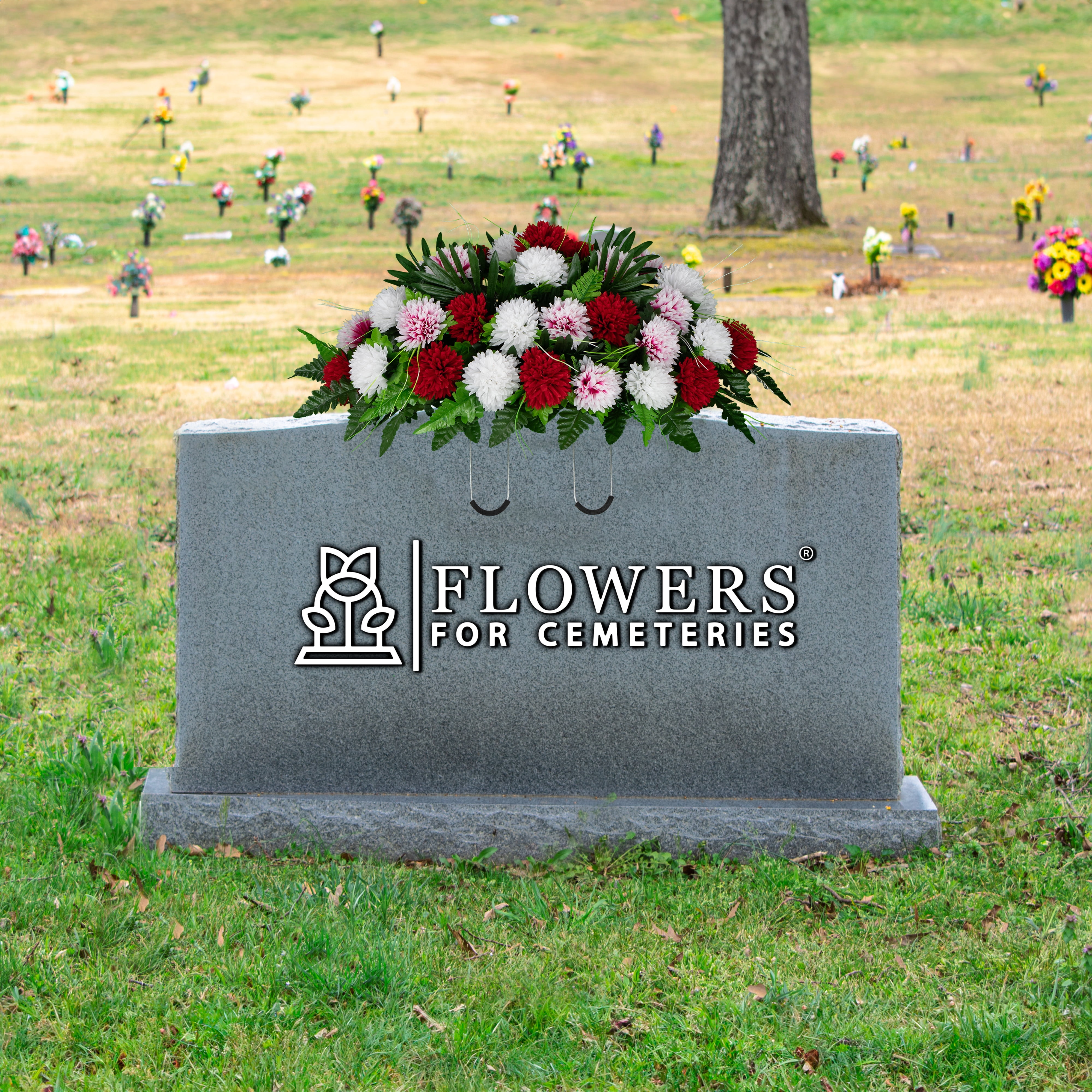 Sympathy Silks Artificial Cemetery Flowers - Red and White Mums - Saddle for Headstone