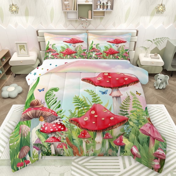 Castle Fairy Teens Adults Botanical Red Mushroom Bedding Comforter Set 2pcs,Green Leaves Twin Comforter Sets Microfiber,Cartoon Kawaii Plants Breathable Bedding Set,Microfiber Bedroom Decor