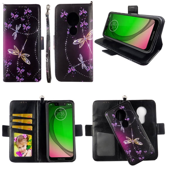 Sparkly Butterfly Case for Moto G7 Play Revvlry Case, Motorola G7 Optimo Magnetic Detachable Pu Leather Wallet Cover Flap Closure Cases Card Holders Wrist Strap 2 in 1 Folio Flip Covers
