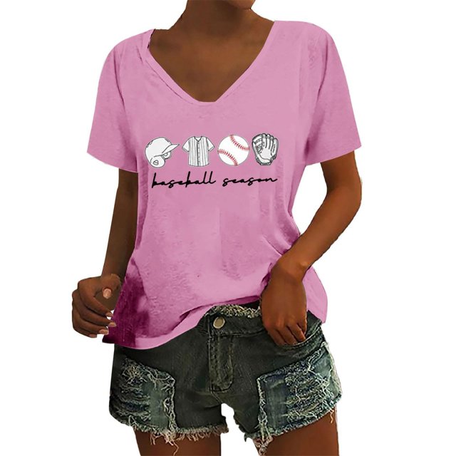 WZXFASHION T-shirt à Manches Courtes pour Femmes, Festival de Baseball, Couleur Unie, Imprimé Baseball, Col en V, Liquidation