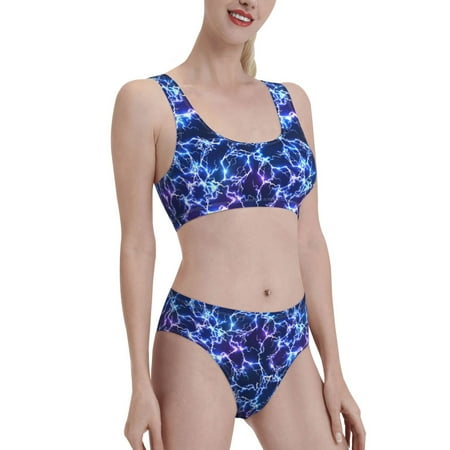 Uemuo Blue Lightning1 Printed Women s High Waisted Bikini Sets Sporty Two Piece Swimsuits Color Block Cheeky High Cut Bathing Suits-Large