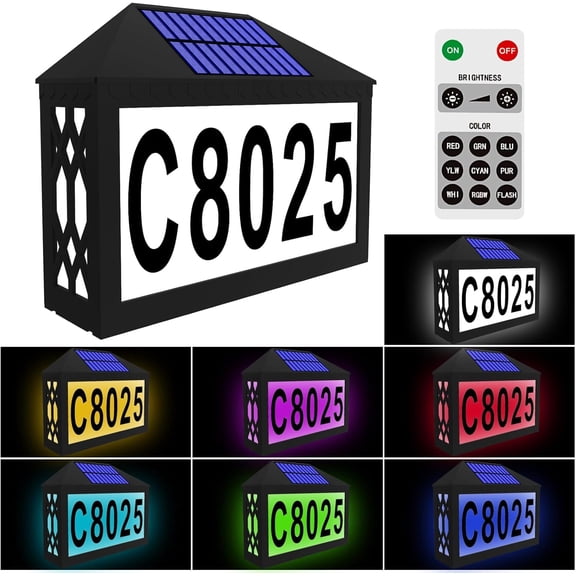 Solar House Numbers, Lighted Solar Address Number with Remote Control, Waterproof RGBW Color Changing, Address Sign Solar Powered for Street Yard Home Mailbox