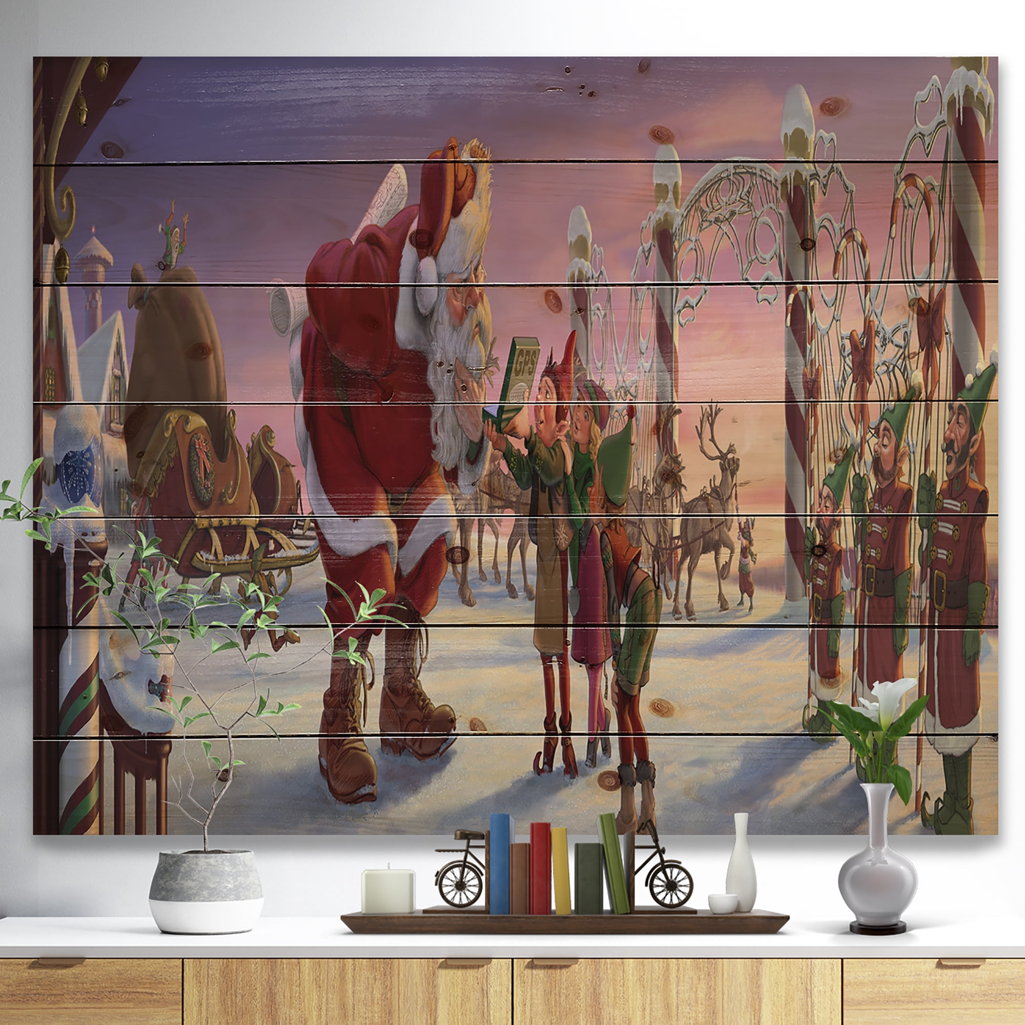 Designart 'Stanta Claus with Elves on North Pole' Print on Natural Pine Wood