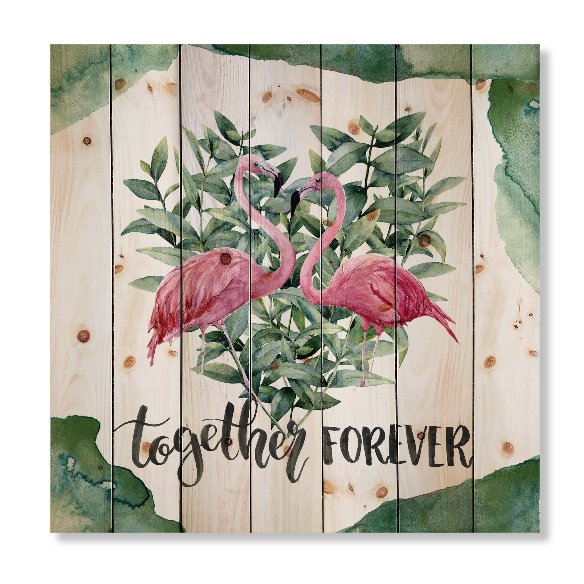 Designart 'Eucalyptus Leaves With Flamingo Floral Heart' Traditional Print on Natural Pine Wood