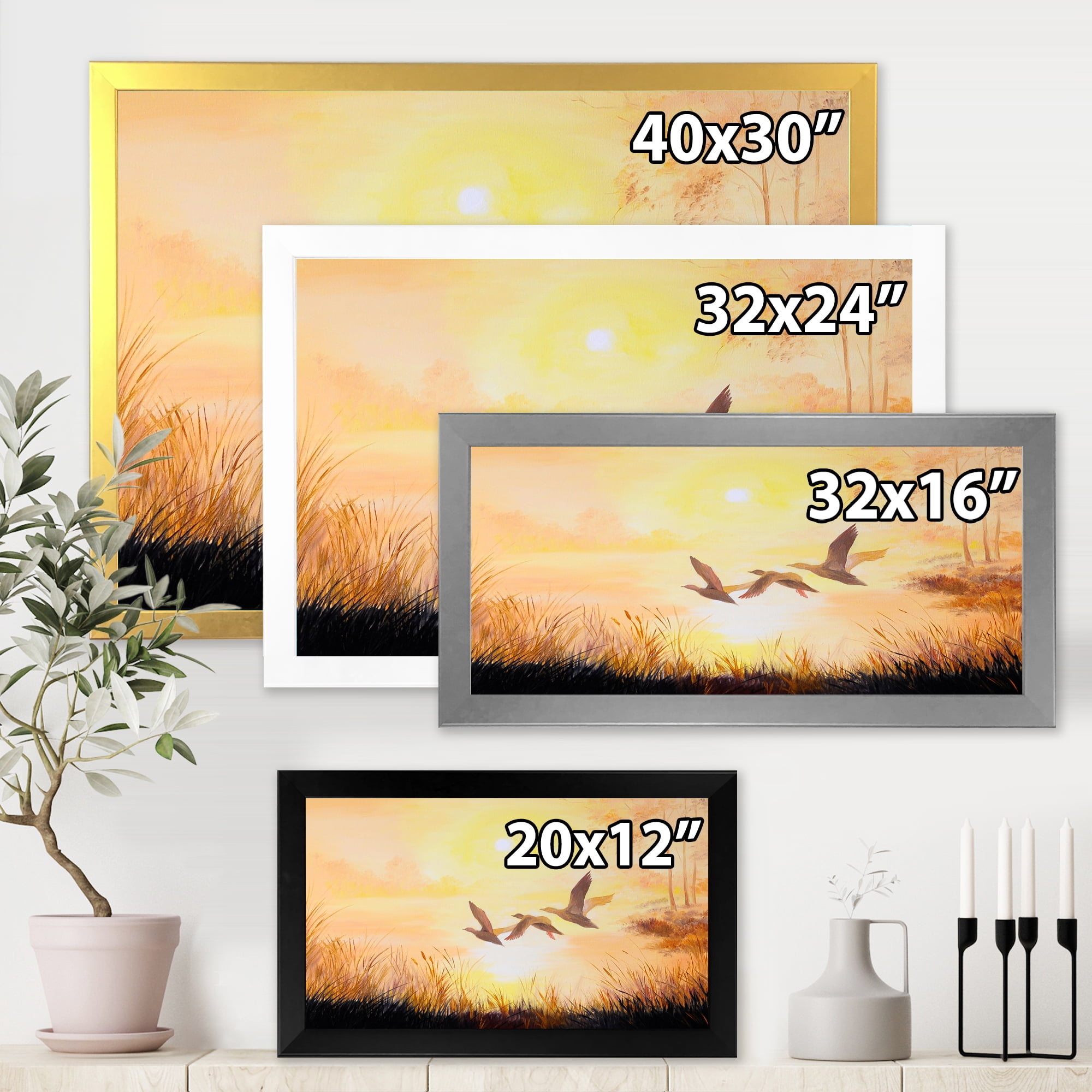 Designart 'Three Cranes Flying Through Warm Sunset' Traditional Framed Art Print