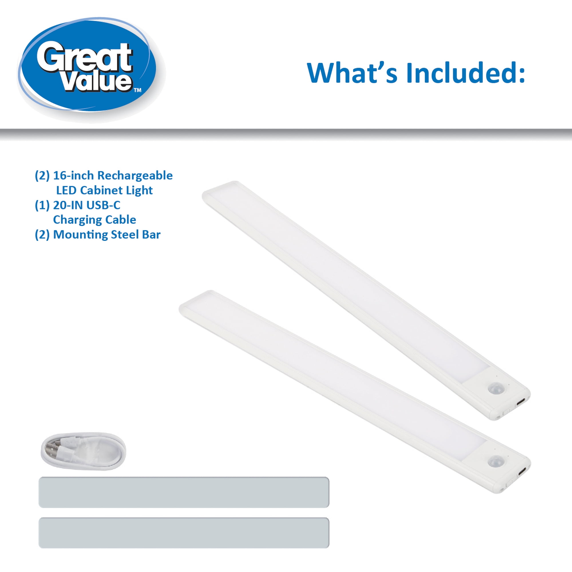 Great Value 16" 150 Lumens Rechargeable LED Cabinet Light, Warm White/Cool White/Deluxe Daylight, 2 Count