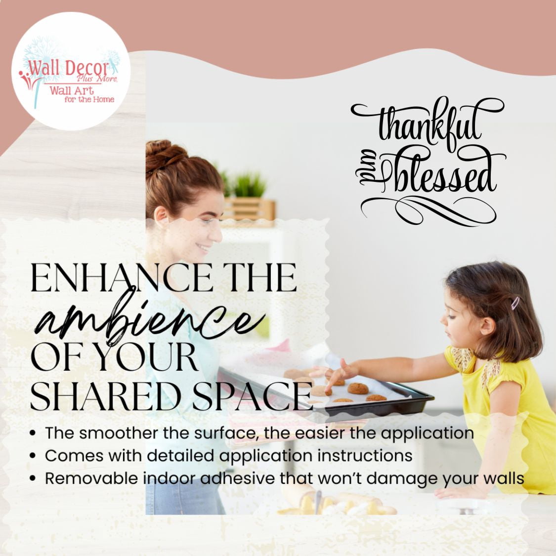 Kitchen Wall Art Decal Thankful Blessed Cursive Word Quote Swirls Wall Stickers 28x23-Inch Black