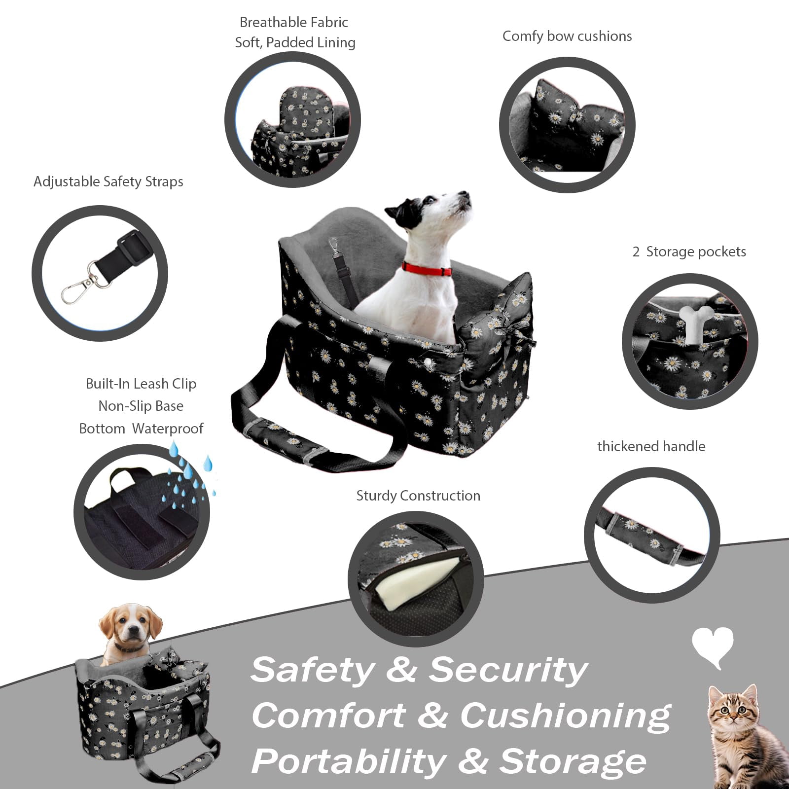 Center Console Dog Car Seat For Small Dogs Chihuahua Or Yorkie Anti-collapse Booster Armrest Pet Bed | Secure Portable Compact Cars (black  Up To 11 Lbs)