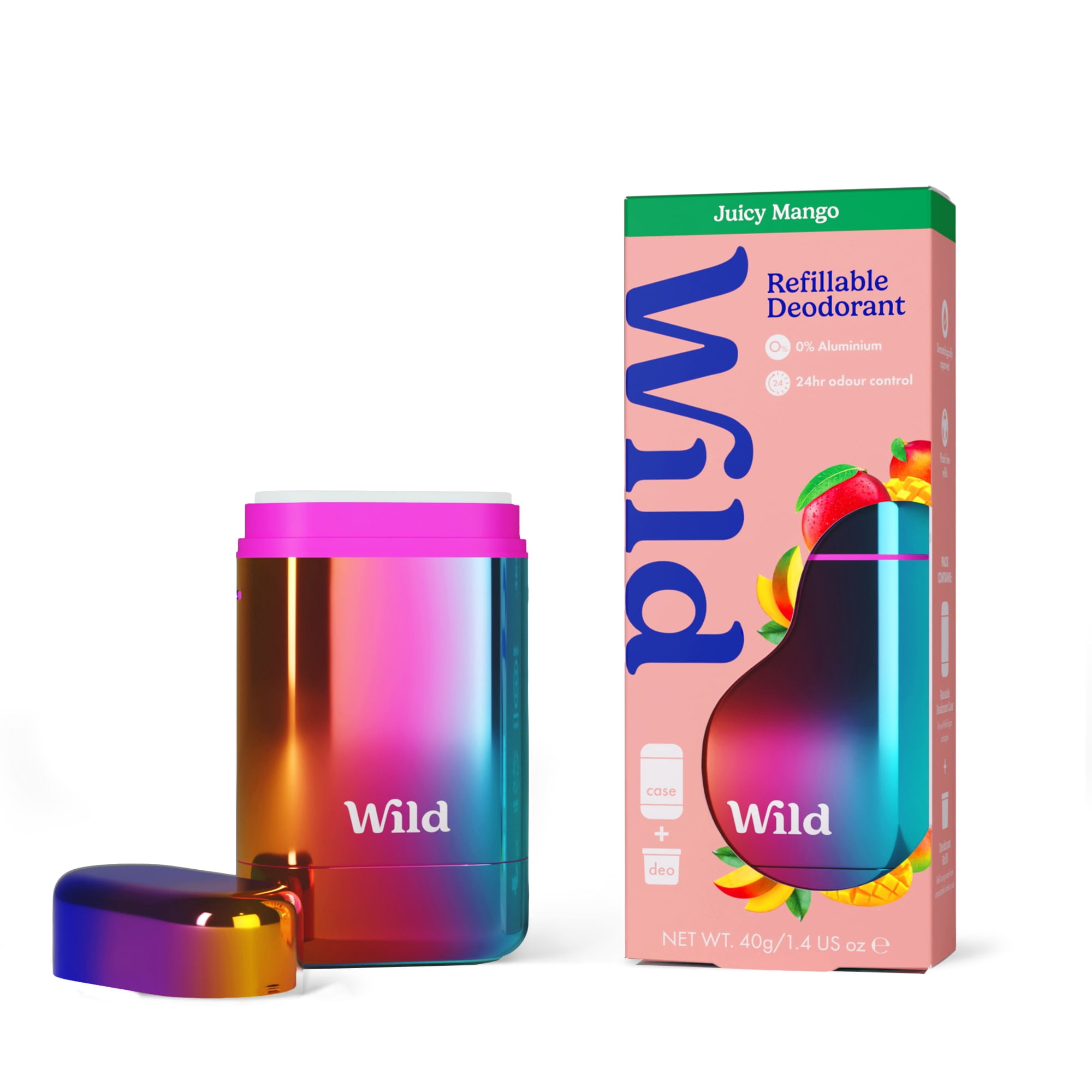 Wild Refillable Deodorant Starter Pack – Aluminum Free. Chrome Case + Juicy Mango Refill, for Women and Men, 1.4oz