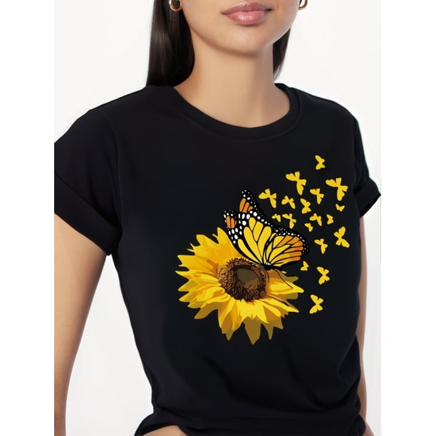 Camiseta con estampado de mariposas y girasoles, manga corta informal para primavera y verano, ideal para mujer, para adultos, hombres, mujeres, adolescentes, jóvenes y deportes.
