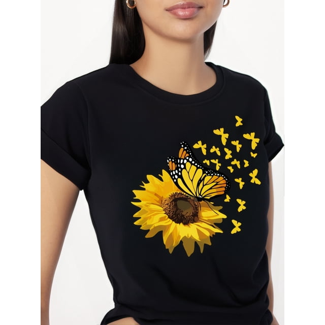 Camiseta con estampado de mariposas y girasoles, manga corta informal para primavera y verano, ideal para mujeres adultas, hombres, mujeres, adolescentes, jóvenes.