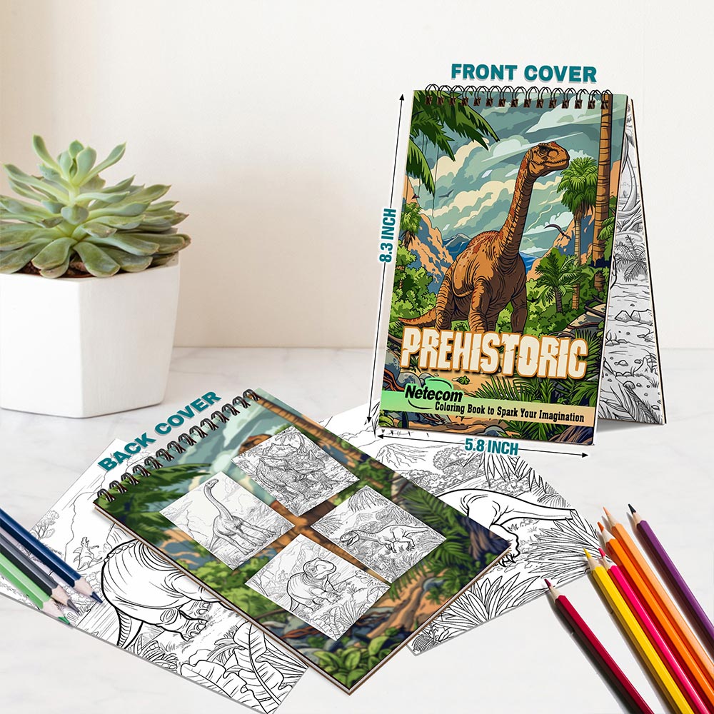 Netecom Prehistoric Coloring Book for Adults, A5 Wooden Cover, 30 Enchanting Coloring Pages of Creatures Prehistoric for Stress Relief and Relaxation, Spiral Bound Edition