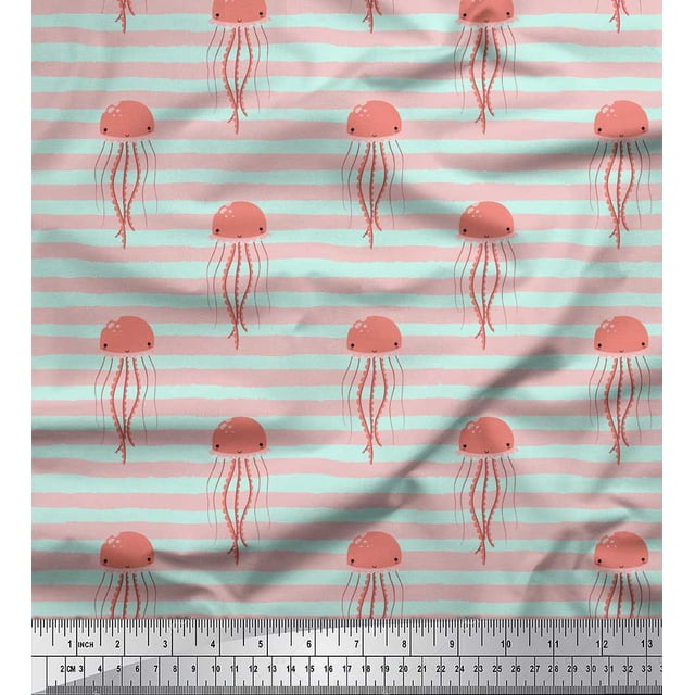 Soimoi Tissu en Coton Vert à Rayures et Méduses Océan Imprimé au Mètre 42 Pouces de Large