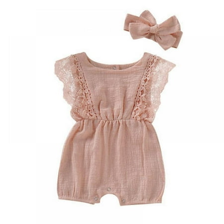 

Final Clear Out! Summer Newborn Toddler Girls Rompers Set Flare Sleeve Solid Print Lace Design Bodysuit Jumpsuit With Headband