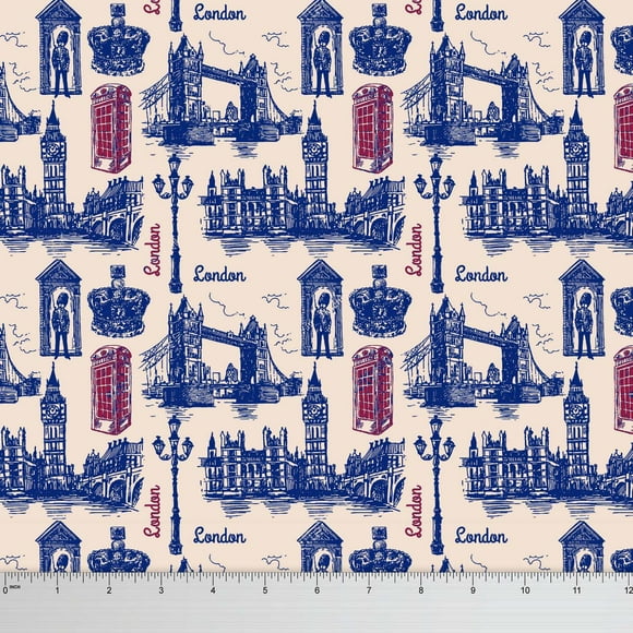 Soimoi polyester Satin Sewing Fabric 105 GSM London Theme Architectural Print 44 Inches Wide Material By The Yard - Beige