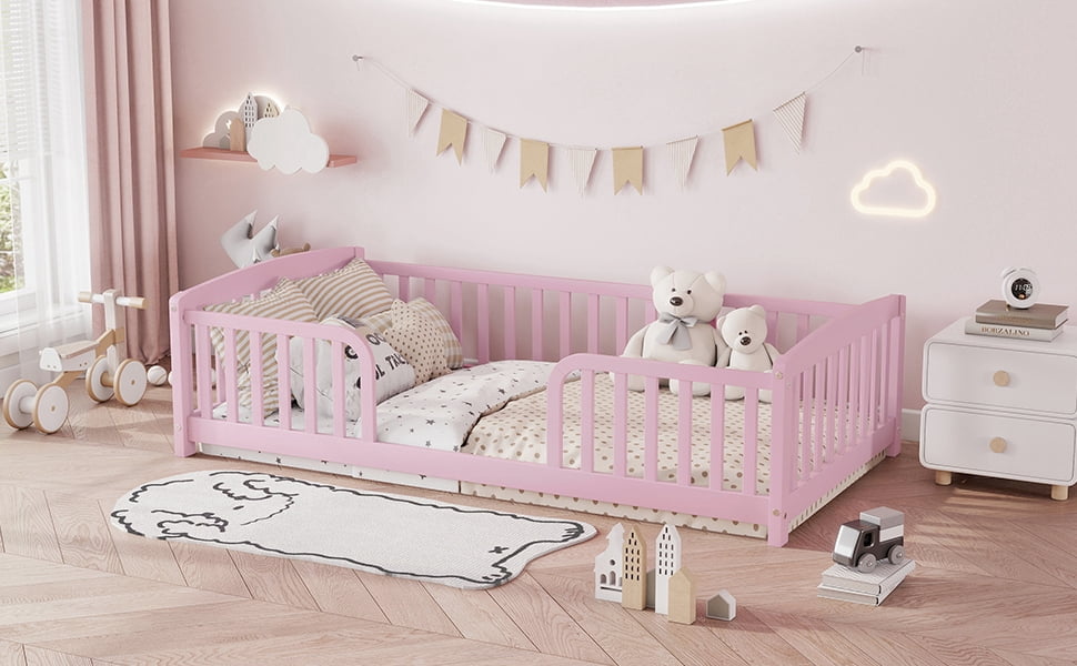 Mintazer Twin Size Toddler Floor Bed with Guardrails & Central Entrance, Pink
