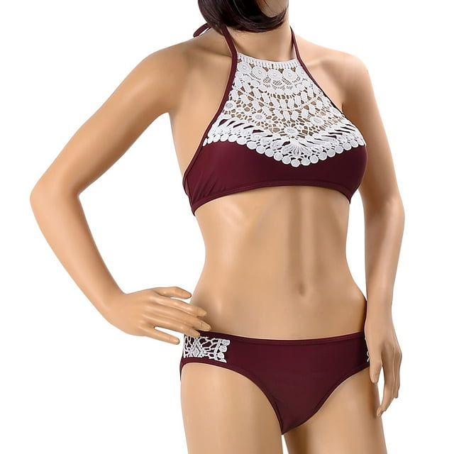 Fashion Women's Lace Splicing Halter Padding Tank Bikini Set, Wine