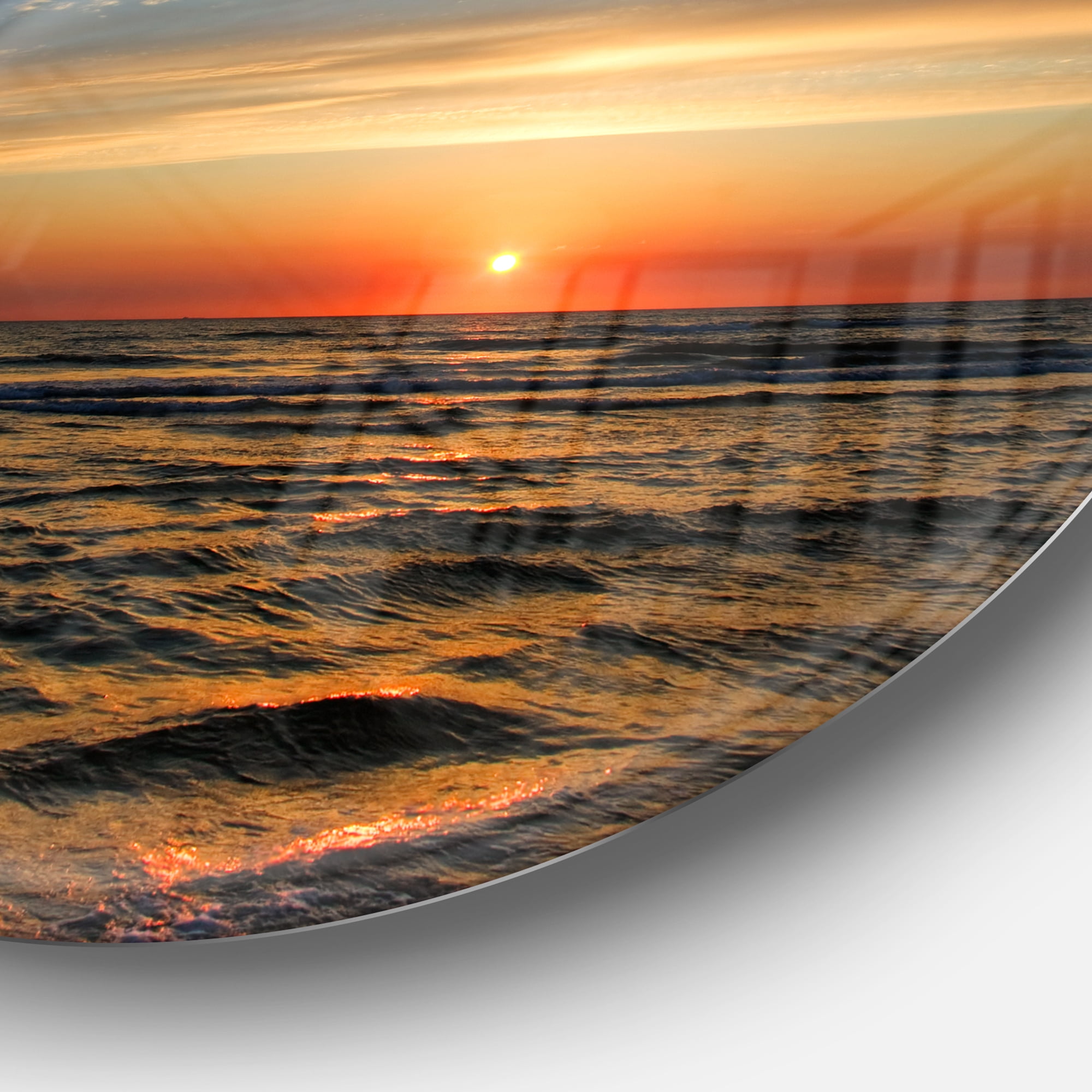 Designart 'Red Sunset with Dark Ocean Waves' Seascape Metal Circle Wall Art