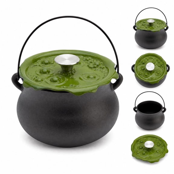 2026 New Halloween Cast Iron Cauldron Pot with Green Bubbling Lid, Witch’s Brew Themed Cauldron Pot, Dual‑Use for Cooking and Halloween Tabletop Decoration