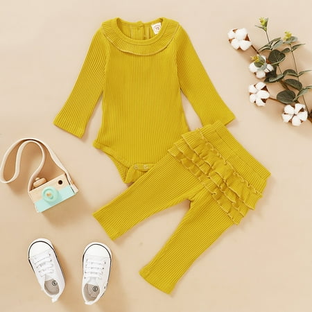 

Augper Baby Girl Clothes Long Sleeve Fall Winter Clearance Infant Baby Girls Long Sleeve Solid Romper Bodysuit+Ruffles Pants Outfits Yellow