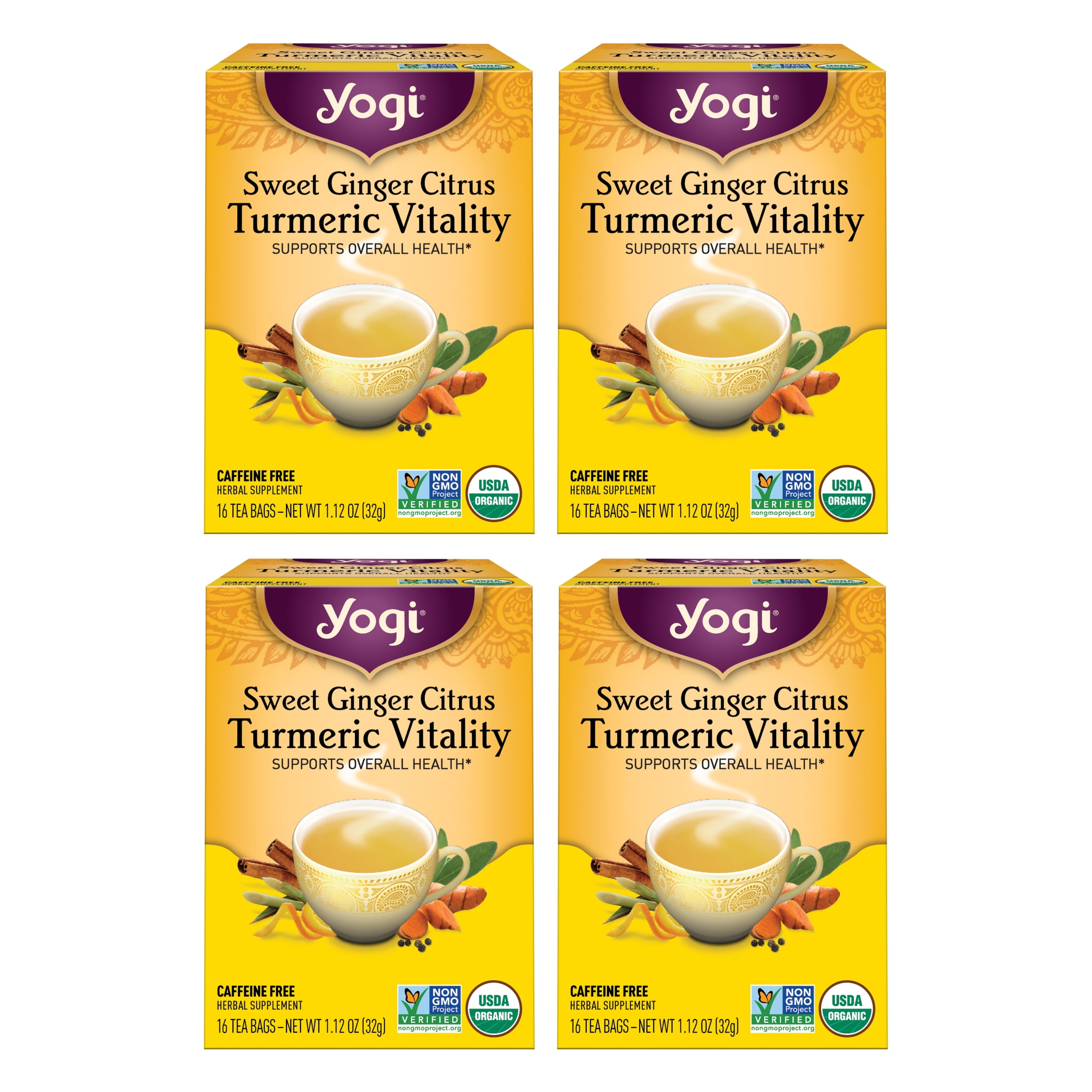 Yogi Tea Sweet Ginger Citrus Turmeric Vitality, Wellness Tea Bags, 4 Boxes of 16