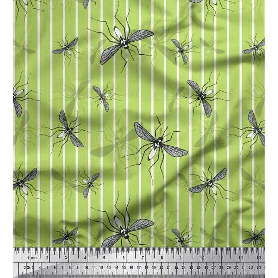 Soimoi Green Rayon Fabric Stripe & Mosquito Insects Printed Fabric 1 Yard 56 Inch Wide