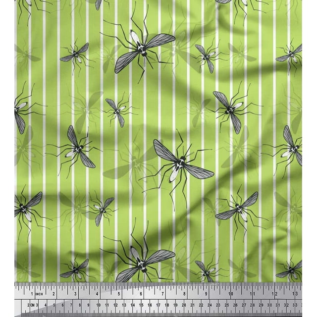 Soimoi Green Rayon Crepe Fabric Stripe & Mosquito Insects Fabric Prints By Yard 46 Inch Wide
