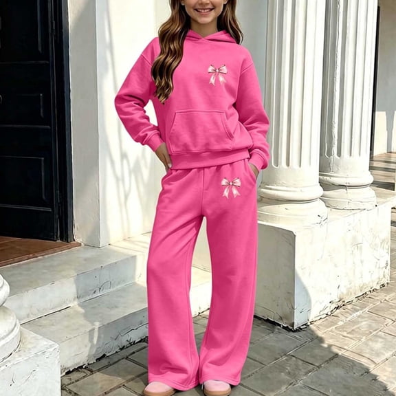 Cethrio Girls Athletic Outfit Sets, Running 2 Piece Long Sleeve Casual Girls' Clothing Sets Hot Pink Size 7-8 T