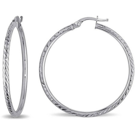 10kt White Gold Textured Round Hinged Hoop Earrings