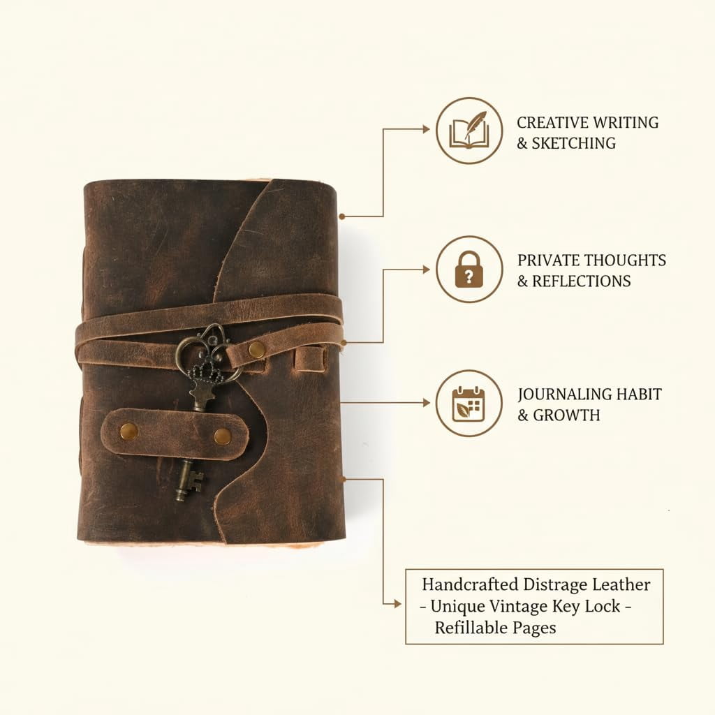 RusticVintage Genuine Buffalo Leather Journal Travel Diary Handmade Vintage Bound Notebook for Men & Women Antique Key Quality Unlined Antique White Paper Perfect for Notes, Art Sketchbook 6x4 Inches