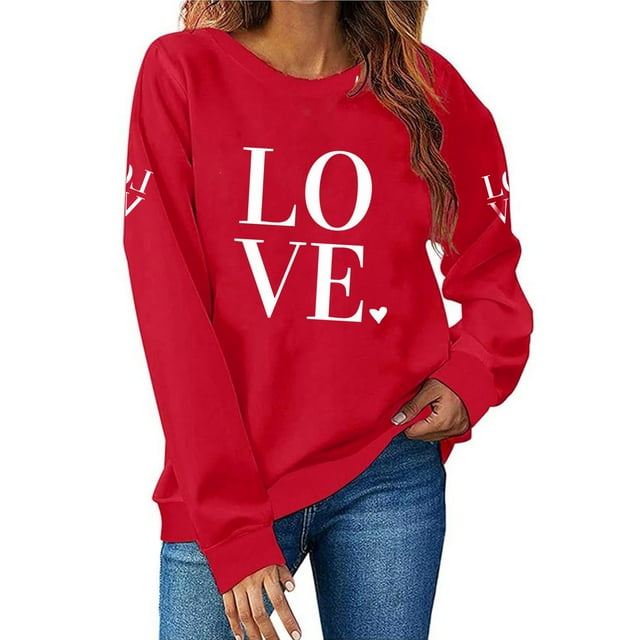 Ounisa Chemises à Manches Longues pour Femmes Col Rond T-Shirts de la Saint-Valentin T-Shirts Imprimés Cœur Amour Hauts à la Mode Hiver Automne