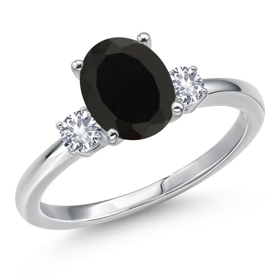 Gem Stone King 14K White Gold Black Onyx and White Created Sapphire Engagement Ring for Women | 2.26 Cttw | Oval 9X7MM | Gemstone December Birthstone | Size 8