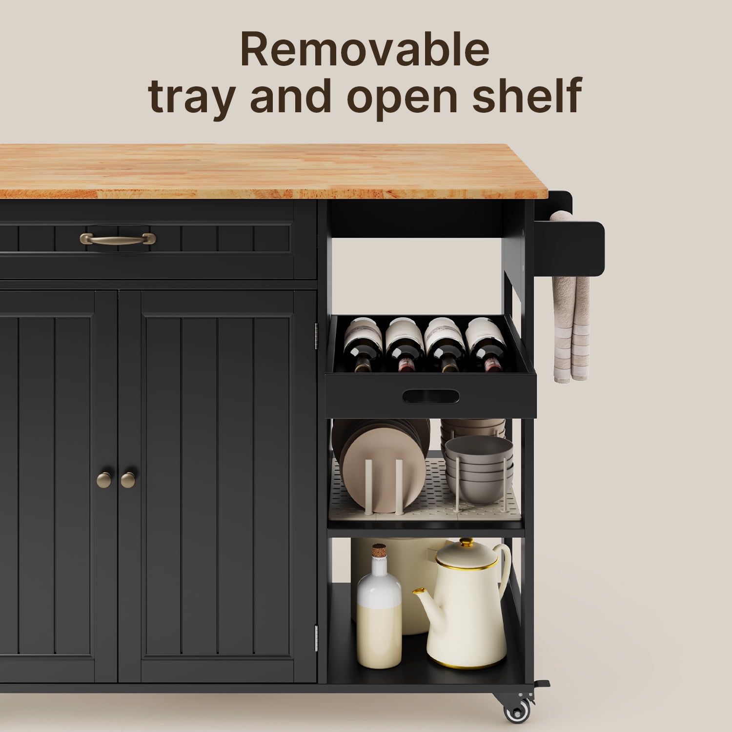 Kitchen Island with Storage, Lofka 41.7” Kitchen Island Cart with Drop Leaf, 1 Removable Tray, 2 Shelves, 1 Cabinet, Black
