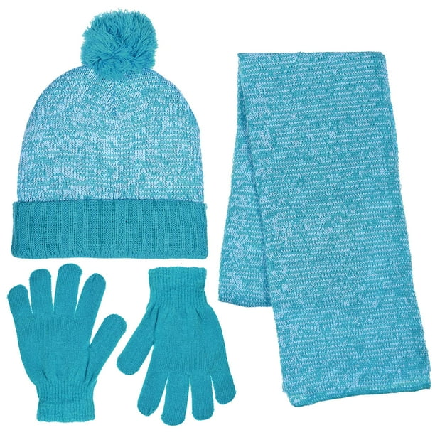 S.W.A.K. Girls Knit Beanie Scarf & Gloves Set Full Wrap Cuff & Top