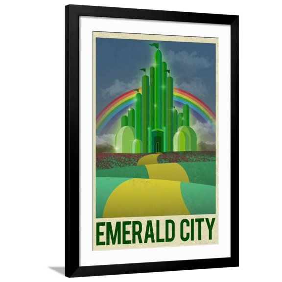 Art.com Emerald City Retro Travel Poster Art Print, Black Frame Wall Art, 32" x 44"