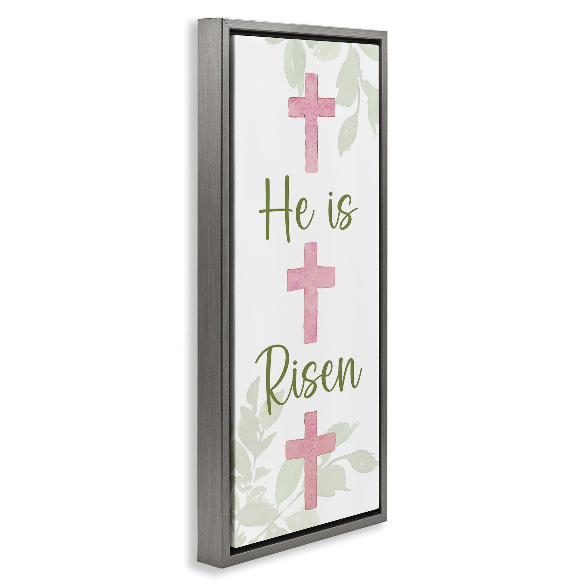 Stupell Industries He Is Risen Proverb Religious Painting Gray Floater Framed Art Print Wall Art, 11 x 25