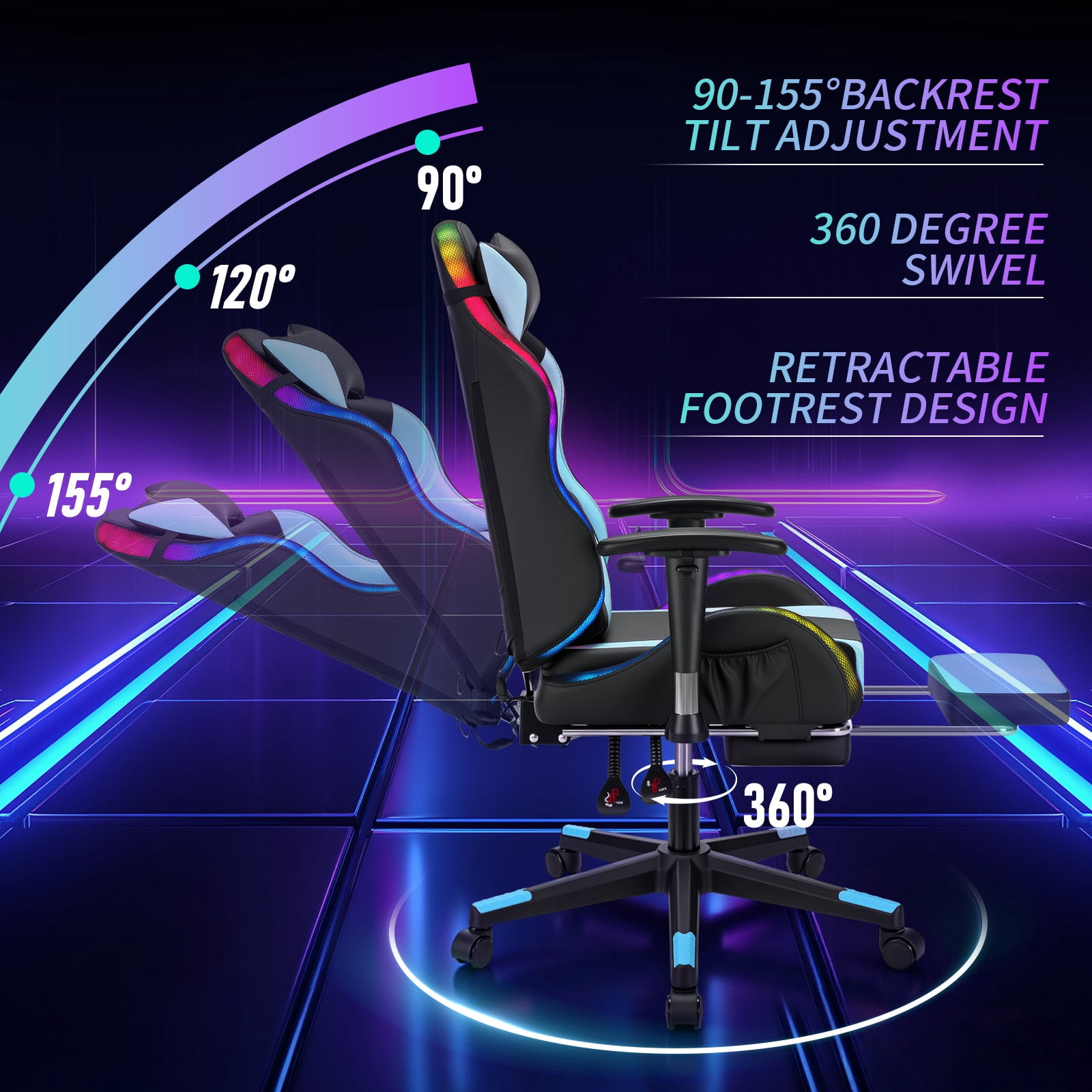 Hoffree LED Gaming Chair for Kids 8-14 Gaming Chairs for Teens with Adjustable Headrest and Lumbar Support Ergonomic PU Leather Kids Gaming Chair with Led Lights