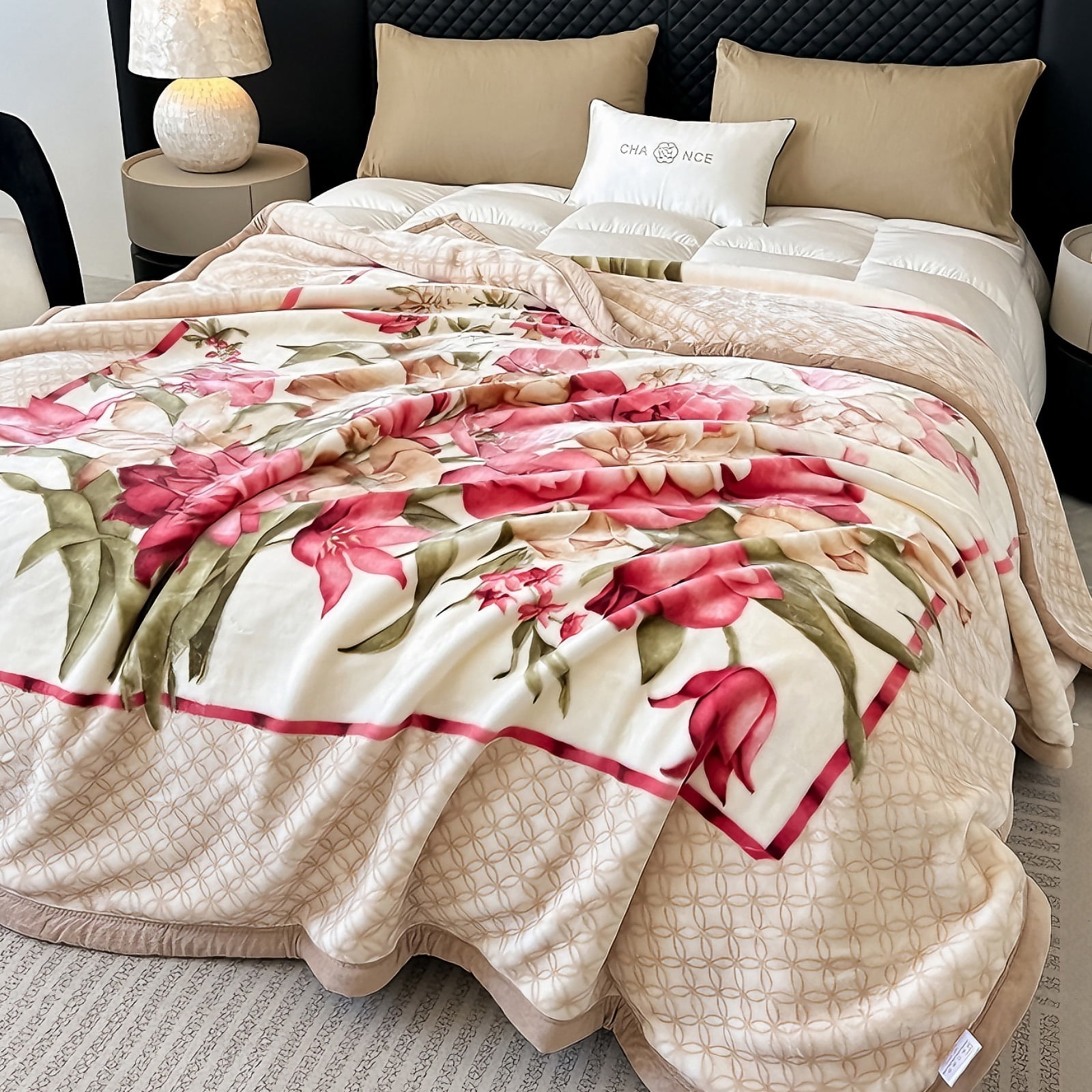 WOOW DEPOT Thick Fleece Twin Bed Blanket Reversible, 1 PCS Peony Flower Printed 59" x 78.7" Soft Warm Mink Blanket Luxurious 4.41 lb Heavy, Khaki