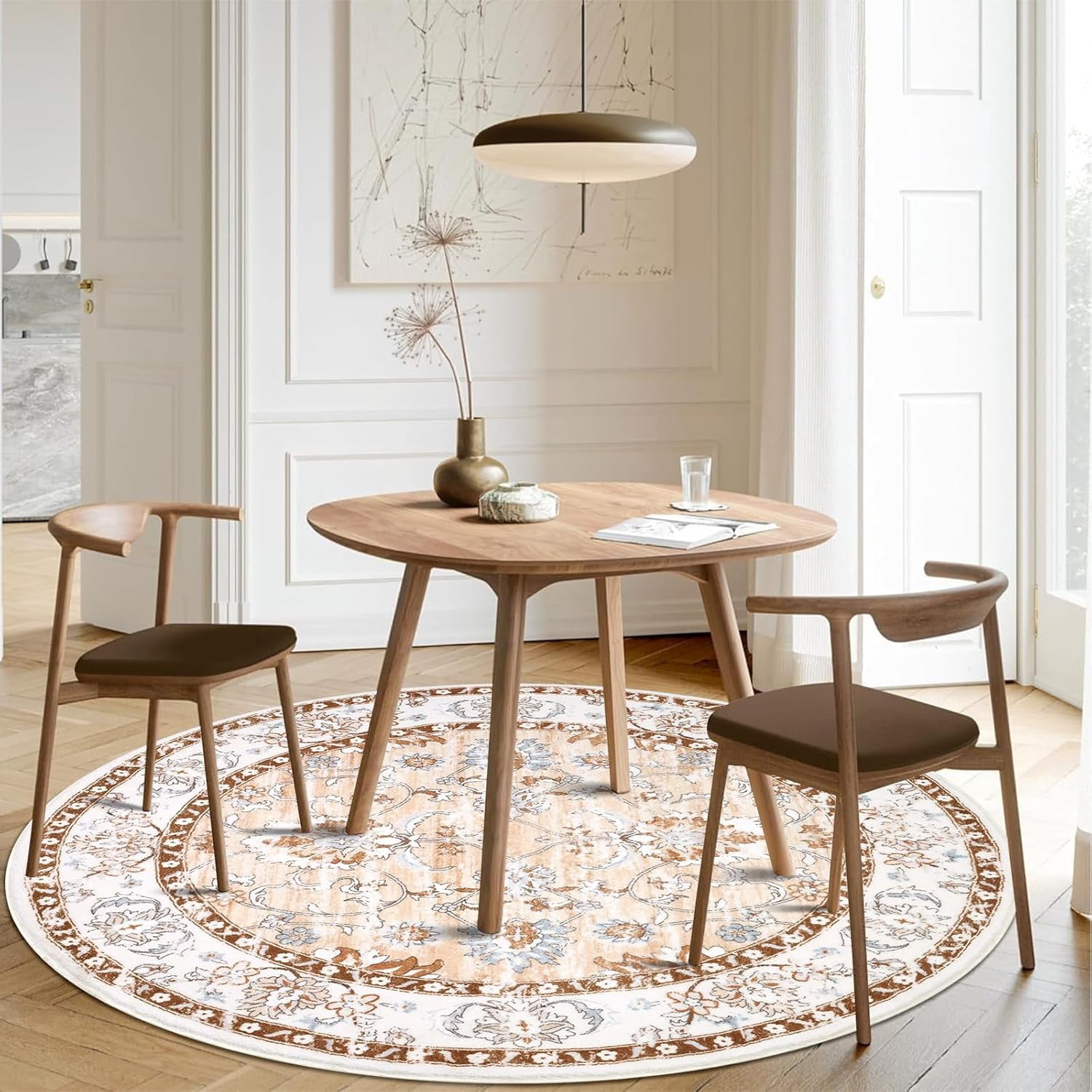 MJIAexp 4ft Mandala Boho Round Rug Circle Rug Non-Slip Machine Washable Area Rug Soft Bedroom Rug Throw Rug Vintage Carpet for Living Room Kitchen Dorm Coffee Table Distressed Coffee