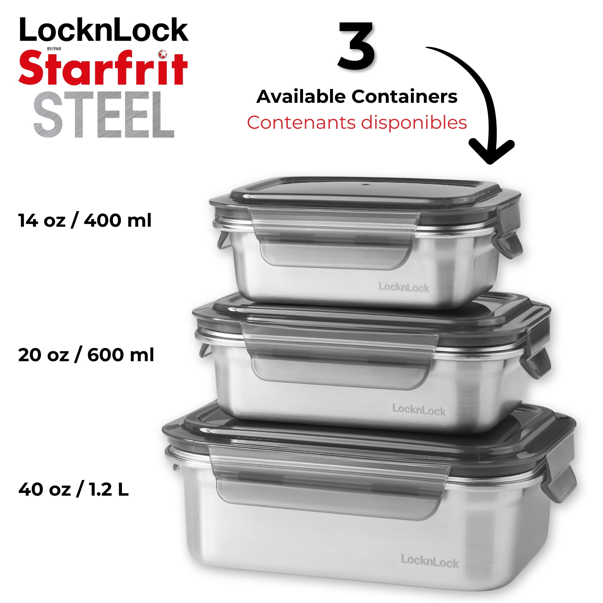 Starfrit LocknLock Steel - Contenant en acier inoxydable - 1,2L /40oz - Hermétique et étanche - Couvercle verrouillable à 4 côtés Acier inoxydable