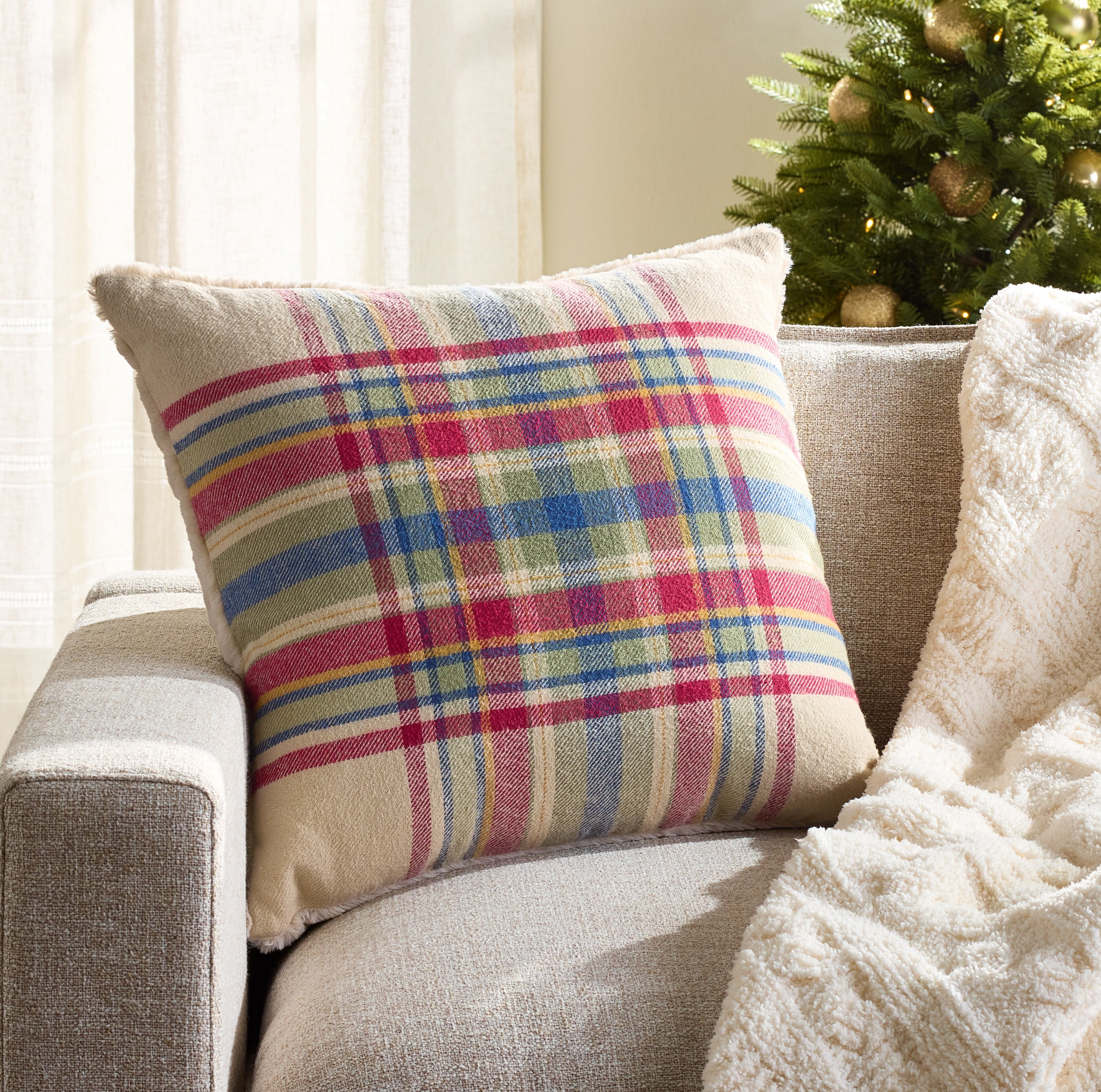 Better Homes & Garden 20"x20" Beige Cozy Tartan Plaid Decorative Throw Pillow