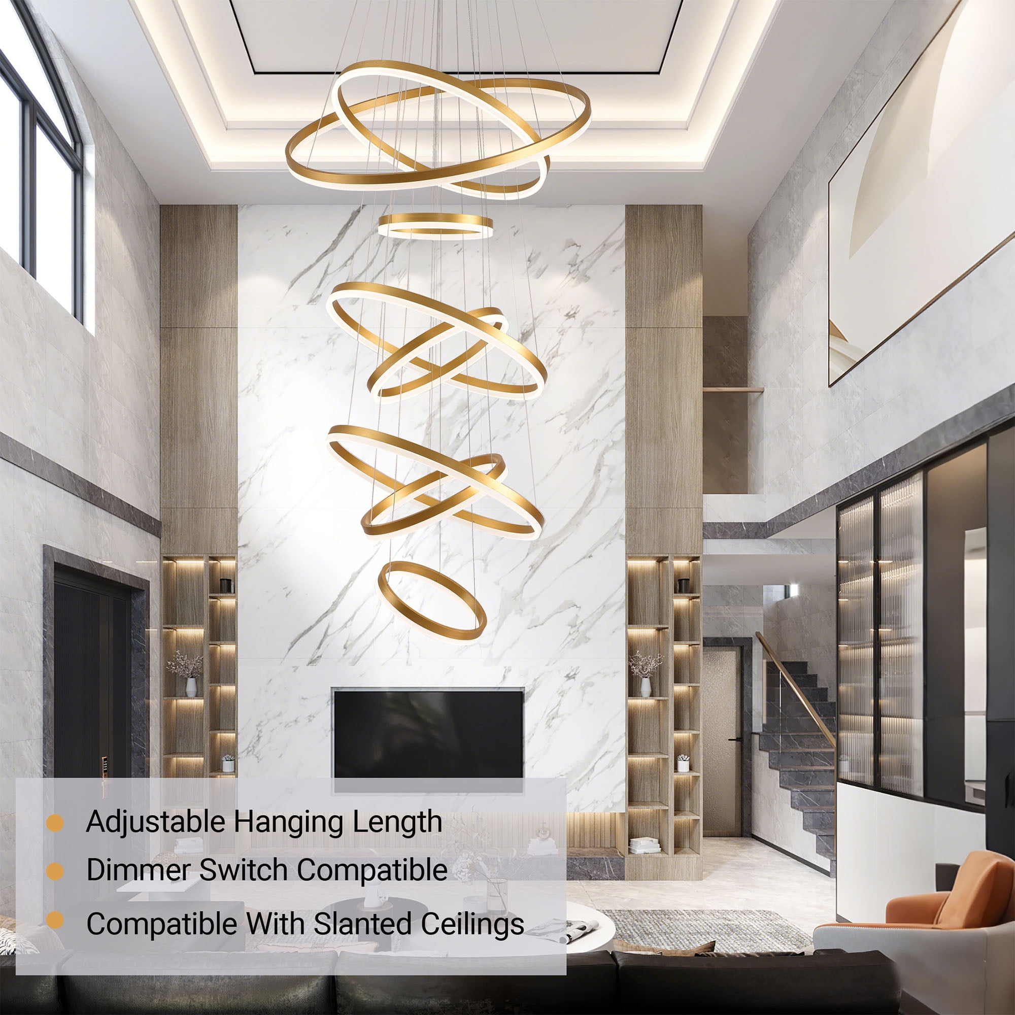 8 Ring Modern LED Chandelier, Dimmable Gold Ring High Ceiling Lighting with Romote Control,Large Foyer Chandeliers for Living Room Staircase Entryway