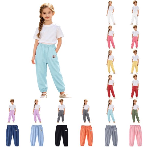 TGPMGRZ Kids Cotton Linen Pants - Girls Elastic High Waist Harem Pants, Soft Lightweight Summer Bloomers with Pockets Black 6-7 Years