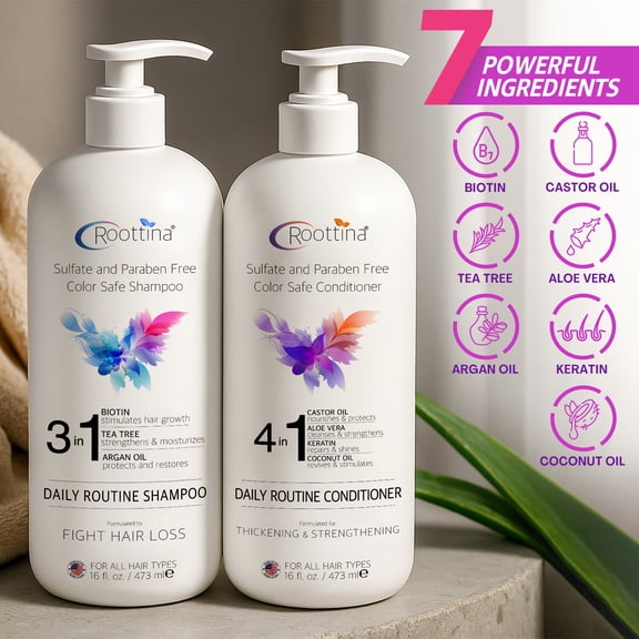 3-in-1 Roottina Daily Routine Shampoo and Conditioner Set, Sulfate Free & Paraben Free, Color Safe, Unscented, Infused with Biotin, Argan Oil & Coconut Oil, For All Hair Types, Men & Women (16 fl oz
