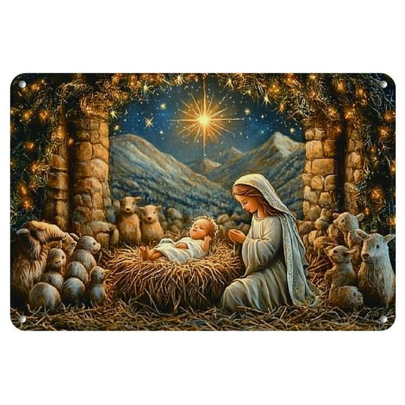 Vintage Nativity Scene Christmas Iron Wall Art, 8x12in - Religious Holiday Decor for Home or Church, Pre-Drilled Metal Sign Featuring Starlit Sky and Angelic Light, Vintage Christmas Decor