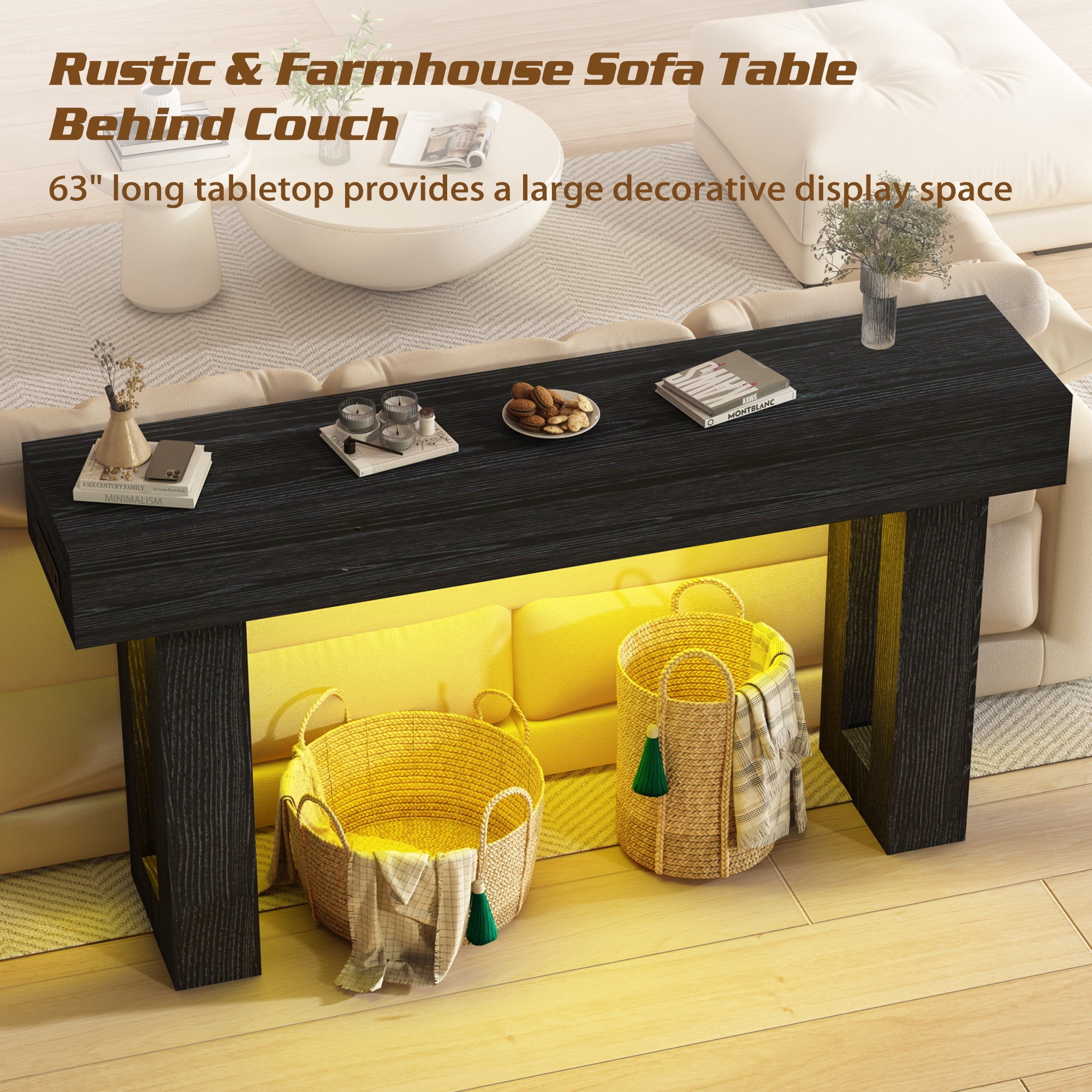 Haverchair 63 Inch Long Console Table with Outlets and USB Ports, Wooden Sofa Table Behind Couch with LED Lights, Farmhouse Rectangular Entryway Accent Table for Living Room, Hallway, Entrance